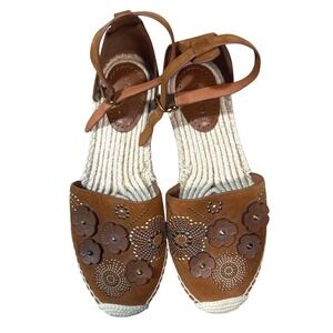 COACH Brown Suede Espadrille Astor Sandals Floral Ankle Strap Women US‎ 7.5